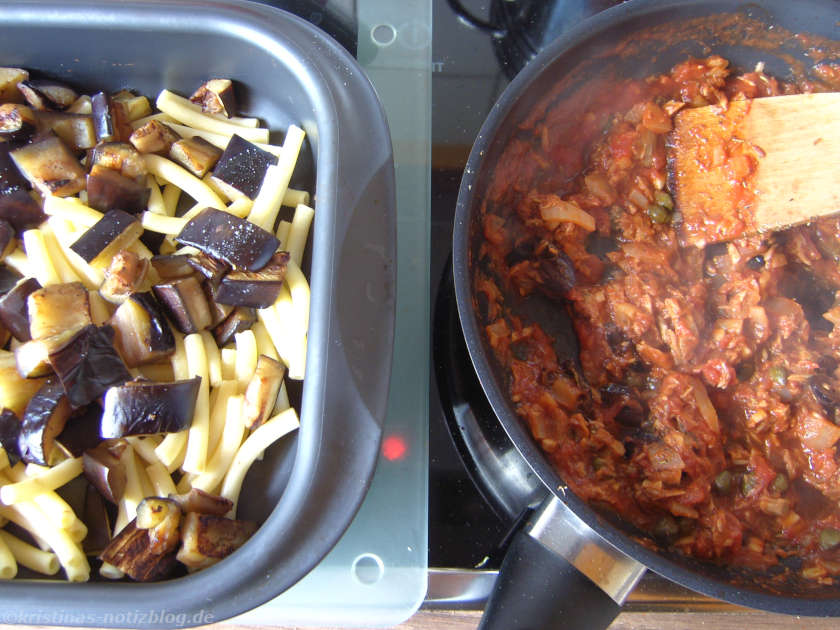 Zubereitung Nudelauflauf mit Auberginen und Thunfisch