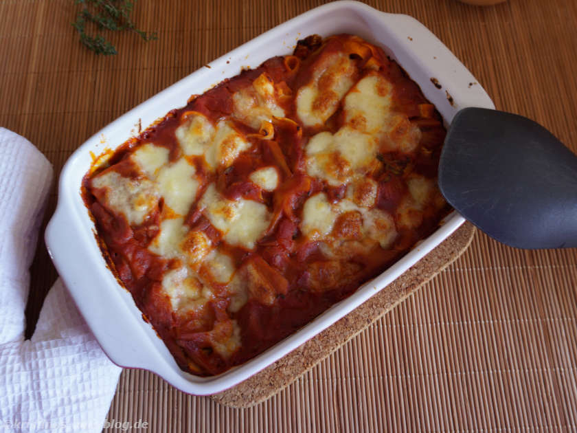 Nudelauflauf mit Austernpilzen nach dem Backen